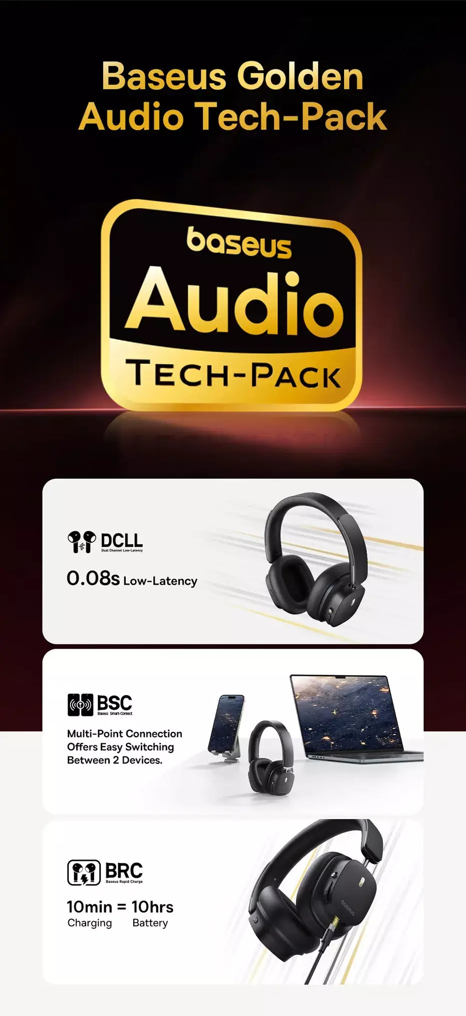 Baseus bowie 30 max fones de ouvido bluetooth 45db cancelamento de ruído hi-res ldac sobre a orelha fone de ouvido 3d áudio espacial sem fio