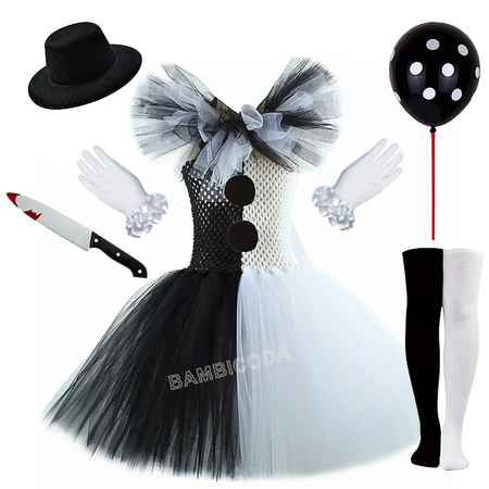 O traje de palhaço terrível arte menina preto branco fantasia tutu vestido horror coringa vestido para meninas trajes de festa de carnaval de halloween