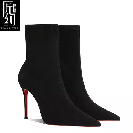 Botas de tornozelo femininas de inverno vermelho brilhante bottoms meias de malha botas outono 2025 nova moda botas de estiramento sexy feminino salto alto fem