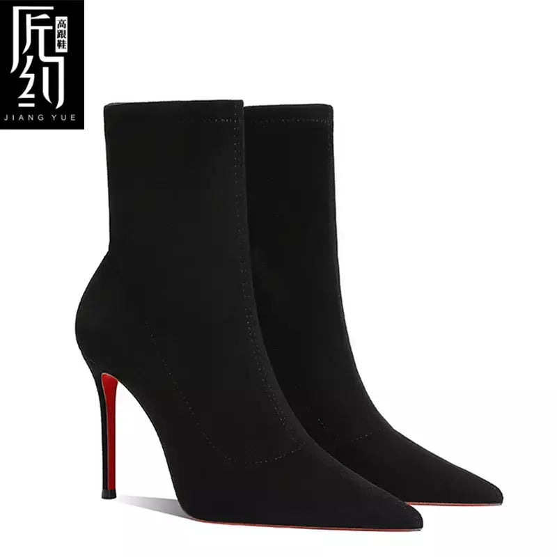 Botas de tornozelo femininas de inverno vermelho brilhante bottoms meias de malha botas outono 2025 nova moda botas de estiramento sexy feminino salto alto fem