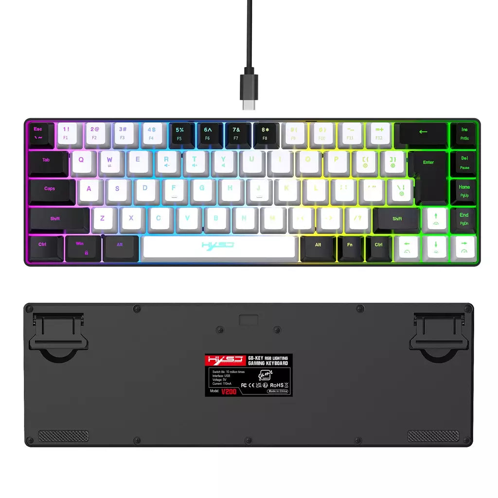 Teclado para jogos com fio USB, 68 teclas, 20 RGB Backlight, Keycaps preto e branco, Windows Laptops, Computador