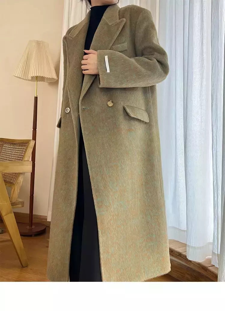 Casaco de alpaca de lã feminino, jaquetas de lã, trespassado duplo, gola de terno, solto, Casacos longos, senhora do escritório, outono, inverno, 2022