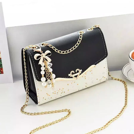 Lantejoula embelezada PU poliéster bolsa crossbody para senhoras, bolsa de ombro pequena, pingente cruz quadrada borla, moda na moda
