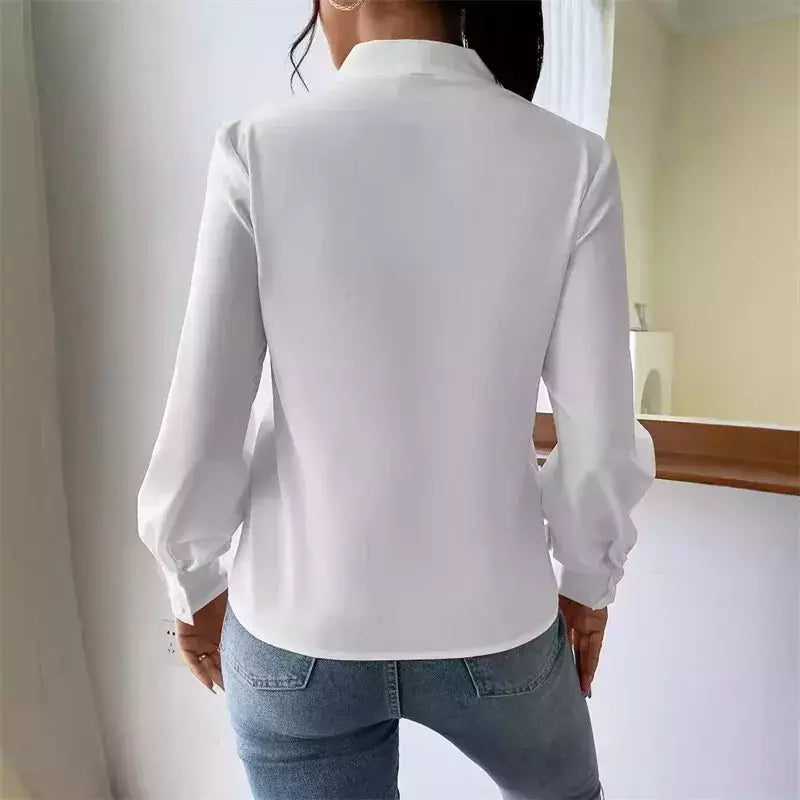 Pulôver de manga comprida com decote V feminino, camisa elegante, estilo britânico, tops urbanos, monocromático, confortável, blusa casual feminina, outono