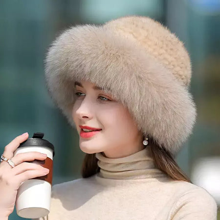 Chapéu de pele de vison genuíno para mulheres Boné de malha natural Gorros luxuosos Headwear de malha artesanal Pele de raposa real, moda inverno quente, nova