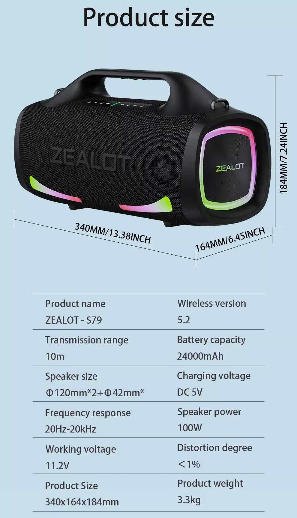 Zealot S79 100W alto-falante sem fio, alto-falante subwoofer portátil ao ar livre, qualidade de som Hifi, emparelhamento duplo, carregamento rápido, 24000mAh.