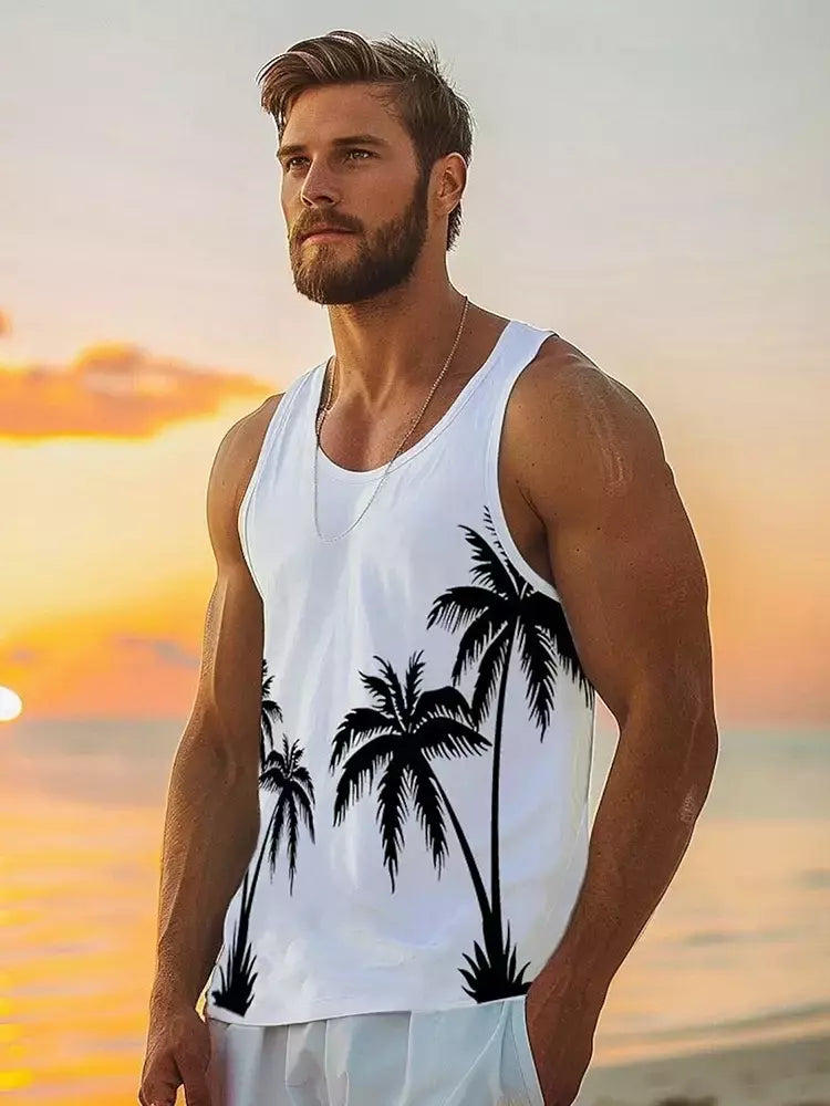 Camisola regata havaiana masculina, camiseta sem mangas, festa na praia, fitness ao ar livre, estampa 3D palmeira, verão, novo, 2022