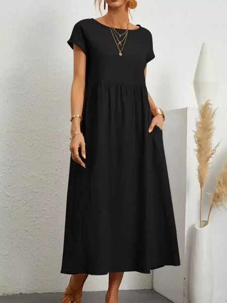Vintage sólido midi vestido casual manga curta algodão e linho harajuku oversized vestido longo feminino verão y2k maxi vestido de verão 2023