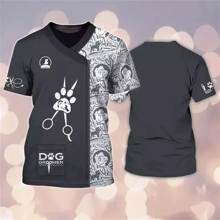 Dog Groomer's T-shirts para homens e mulheres, Pet Grooming Uniformes, Tops roupas, canino, veterinário, cabeleireiros, trabalho canino, 2024