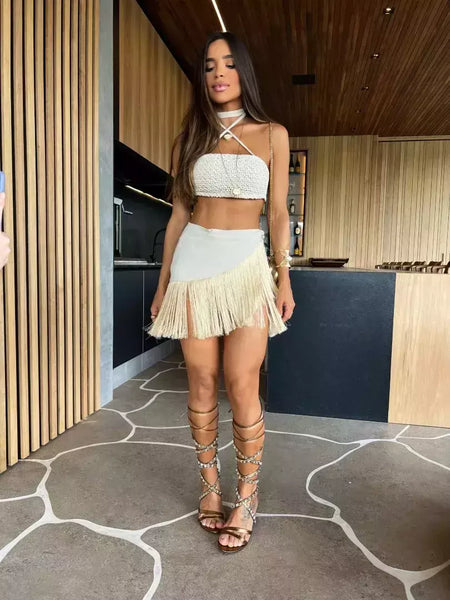Conjunto sexy de biquíni feminino, sutiã de renda, mini saia, férias de praia, fato de banho feminino casual, 2 peças, verão
