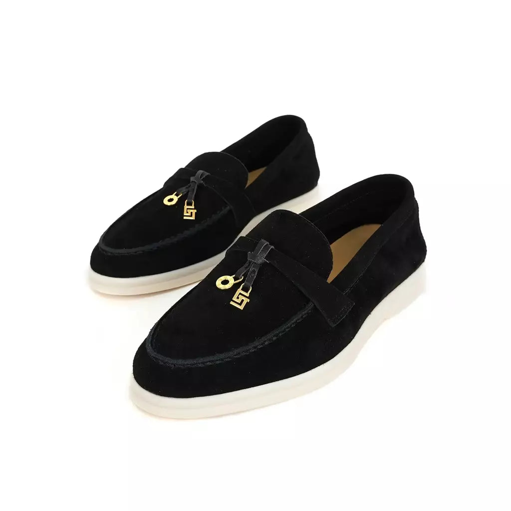 Sapatos de mula de camurça antiderrapante para mulheres, sapatos para dirigir, pingente de metal, marca de luxo, moda casual confortável, Le Fu
