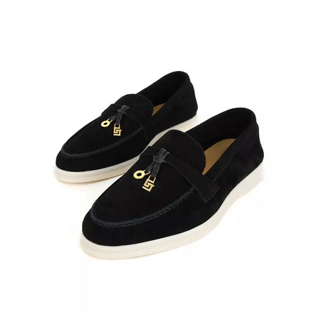 Sapatos de mula de camurça antiderrapante para mulheres, sapatos para dirigir, pingente de metal, marca de luxo, moda casual confortável, Le Fu