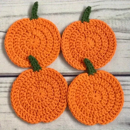 Porta-copos de abóbora de crochê de outono, almofadas de bebida artesanais de tecido, decoração de fazenda de outono, acessório de mesa, presente de cozinha de Halloween.