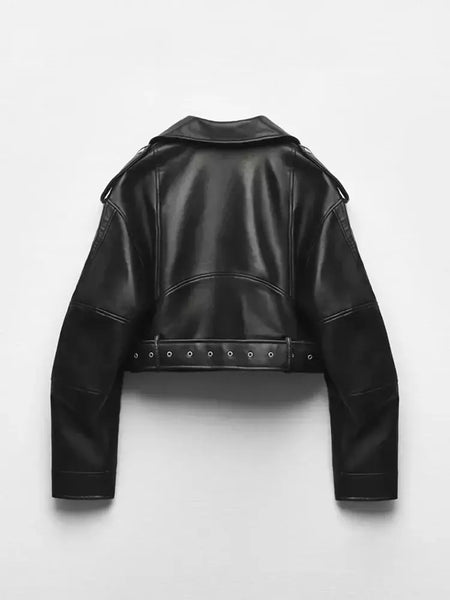 Ailegogo-Jaqueta curta feminina de couro PU falso com cinto, casaco de motociclista, lapela com zíper feminino, outwear solto, primavera, outono