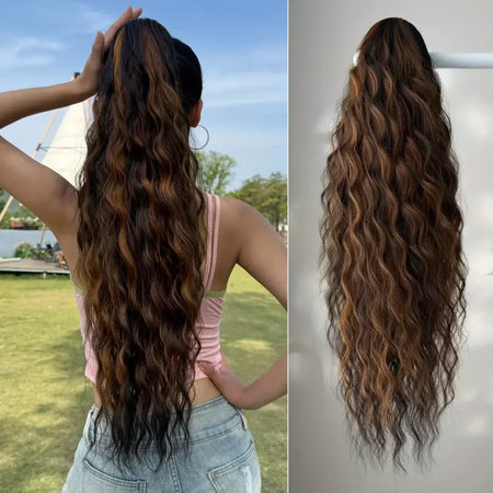 Aoosoo sintético água rabo de cavalo extensão do cabelo clipe no rabo de cavalo da mulher acessórios para o cabelo longo encaracolado peruca natural encaracolado preto