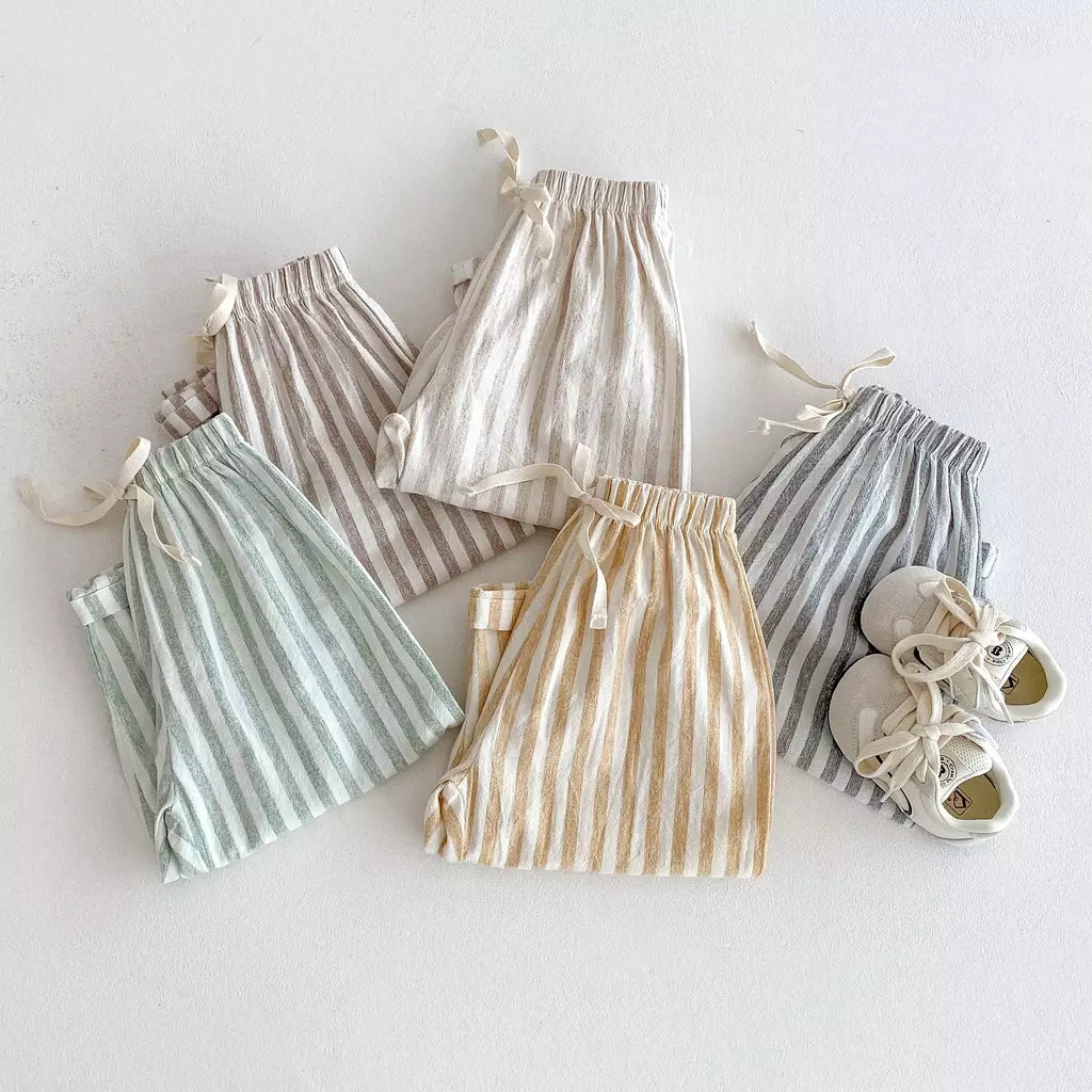 Calças listradas de algodão de linho vintage para meninos casual bolso design elásticos calças de cintura para criança menina roupas crianças