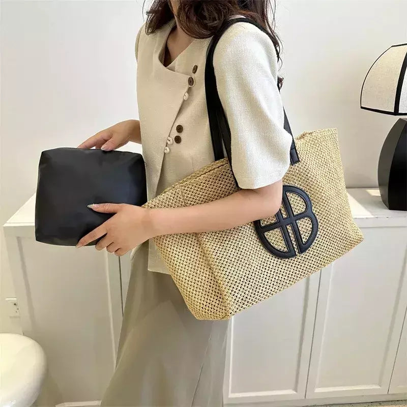 Bolsa de ombro de grande capacidade para mulheres, bolsa casual, personalizada, tecida, nova moda, verão, 2024