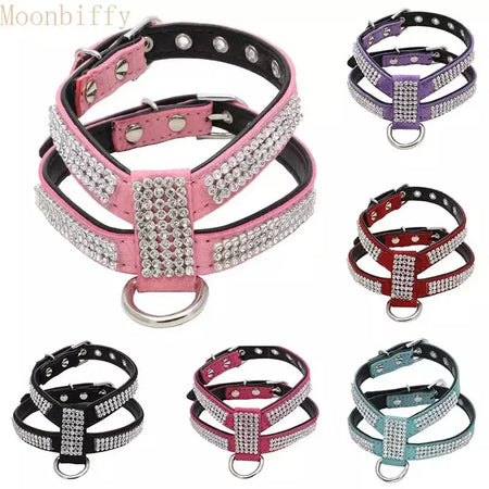 Coleira para cães, cinta peitoral ajustável, produtos para animais de estimação, coleira para cães, liberação rápida, brilhante, em forma de k, strass, couro pu