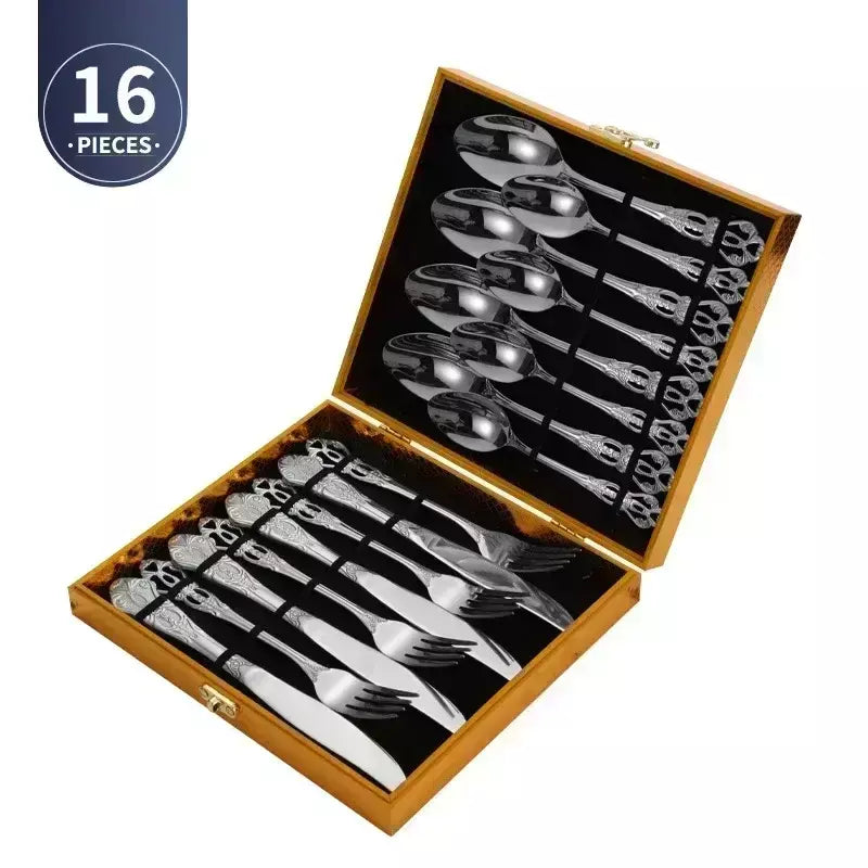 Conjunto de talheres de aço inoxidável dourado, colher europeia real, garfo, talheres completos, design retrô, seguro para máquina de lavar louça, talheres elegantes