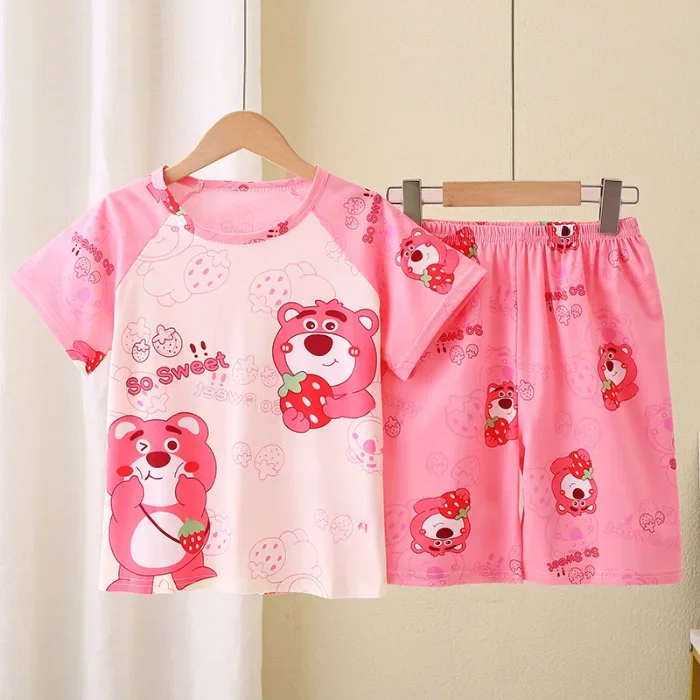 Novo verão crianças pijamas conjunto de 2 peças roupas de ar condicionado para meninos meninas bebê manga curta roupas para casa na moda