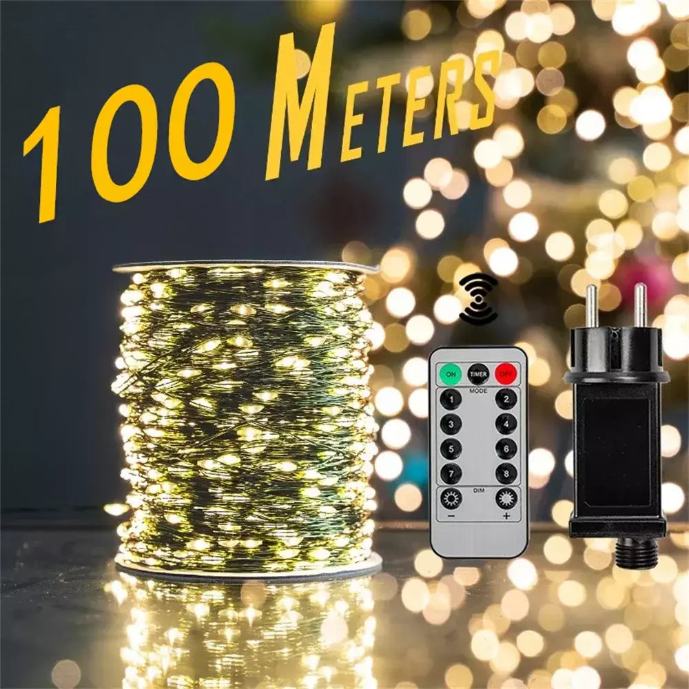 Impermeável Fairy String Lights com controle remoto, guirlanda de Natal, decoração ao ar livre, árvore, rua, casamento, festa, 1pc, 500 LED, 1000LED