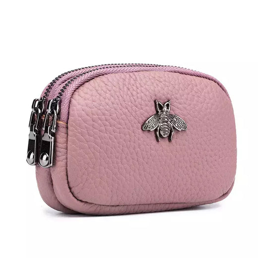 Mulheres couro de vaca com zíper duplo Carteiras Bolsa, Bee Cartão Hole Bag, Batom Case, Couro Mini fone de ouvido Coin Purse, feminino