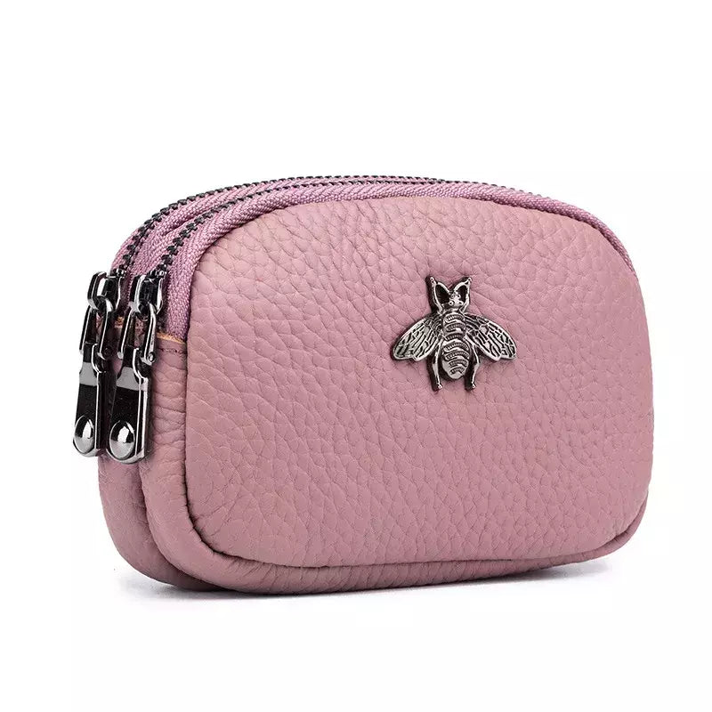 Mulheres couro de vaca com zíper duplo Carteiras Bolsa, Bee Cartão Hole Bag, Batom Case, Couro Mini fone de ouvido Coin Purse, feminino