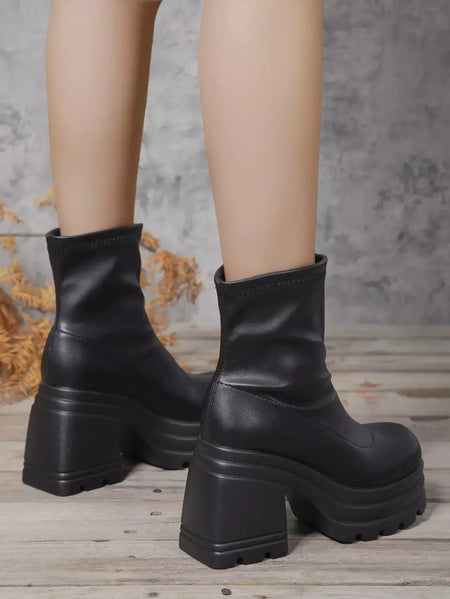 Mulheres nova moda botas curtas mulheres sexy bota de couro dedo do pé quadrado casual zíper salto alto casual sola grossa sapatos femininos zapatos