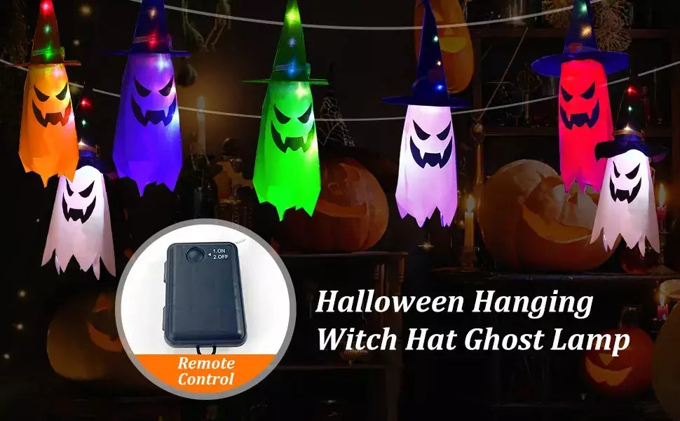 Decorações de Halloween ao ar livre 5 PCS pendurado Halloween iluminado brilhante chapéu de bruxa fantasma com luzes de corda LED para festa jardim
