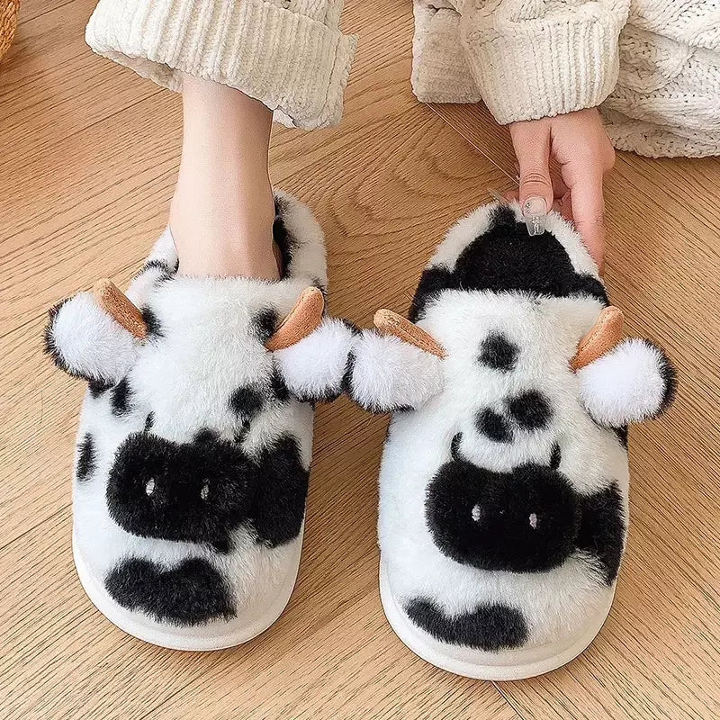 Inverno feminino quente dos desenhos animados chinelos de vaca dedo do pé fechado antiderrapante peludo casa sapatos feminino quarto interior sola grossa chinelos de pelúcia