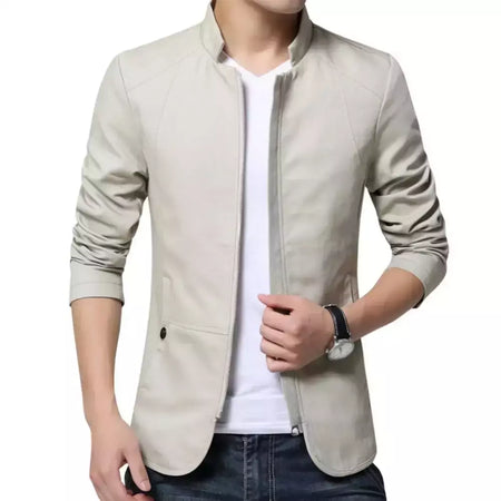 Blazer casual masculino com gola de suporte, jaqueta de negócios elegante, casaco monocromático com bolsos de zíper fino e fino, primavera e outono