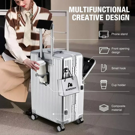 AIWEINY 2025 Mala de viagem rígida com estrutura em alumínio, resistente à pressão, com rodas omnidirecionais silenciosas de 360°, suporte para copos e prateleira, com fechadura TSA.