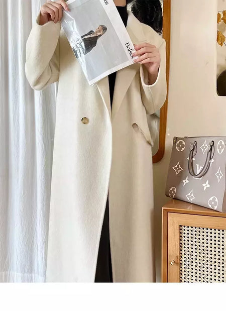 Casaco de alpaca de lã feminino, jaquetas de lã, trespassado duplo, gola de terno, solto, Casacos longos, senhora do escritório, outono, inverno, 2022