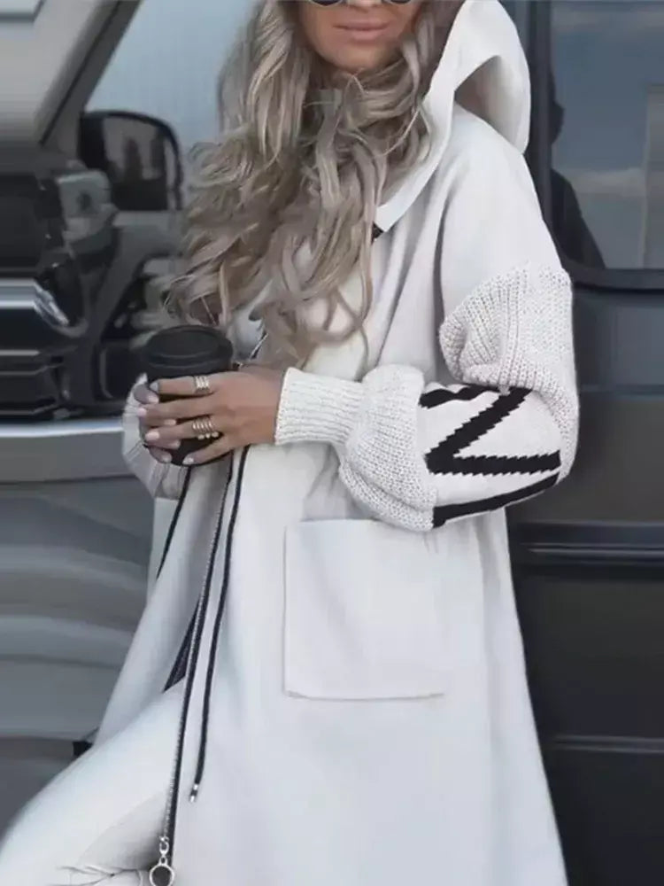 Casual longo retalhos casacos de malha feminino casual hoodies rendas até bolsos jaquetas femininas 2024 outono inverno nova senhora outerwears