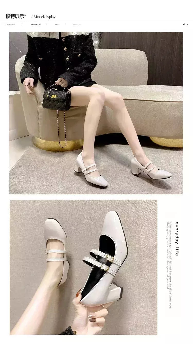 Sapatos Mary Janes de fivela dupla feminina, couro envernizado, cabeça quadrada, salto quadrado, cor sólida, primavera, outono, 2022