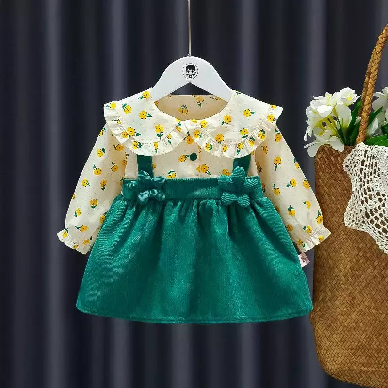 Outono novas meninas recém-nascidas vestido de manga longa dos desenhos animados fragmentado flor lapela bebê vestido de princesa flor cinta vestido