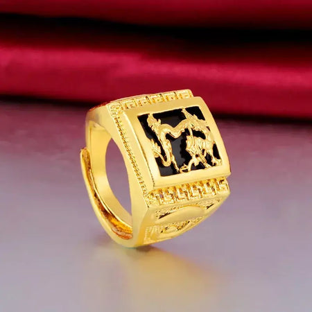 Anel do zodíaco do dragão masculino em ouro 24K AU999 - Dragão polido + contraste do zodíaco fosco, nuvens cinzeladas-flamas, negociação aura completa