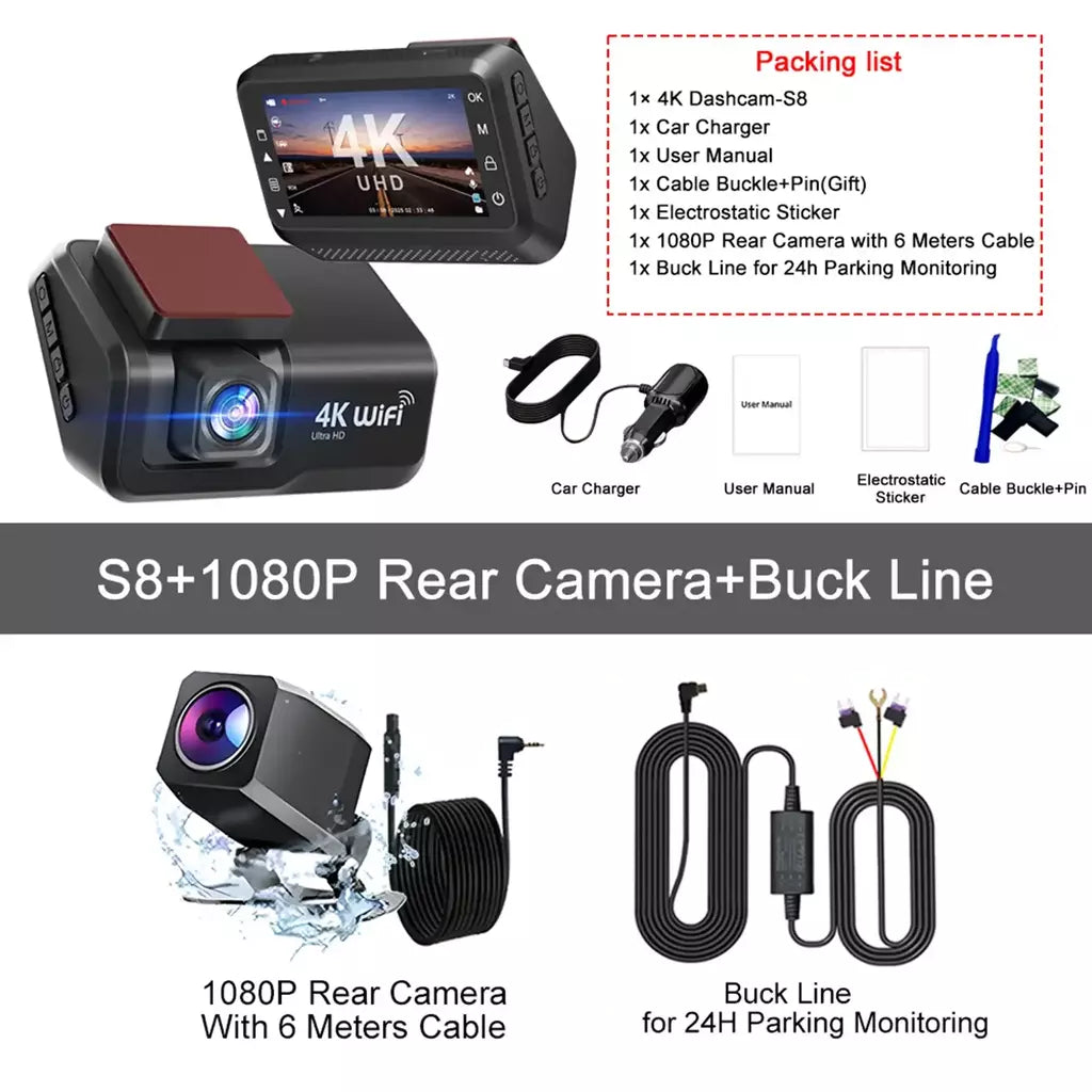 Kocam 4K UHD Dash Cam WiFi Carro DVR Dianteira e Traseira Lente Dupla Câmera Auto para Carro com Visão Noturna 24H Monitor de Estacionamento Caixa Preta