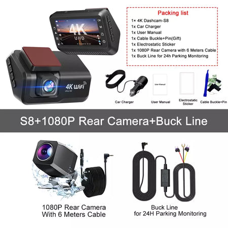 Kocam 4K UHD Dash Cam WiFi Carro DVR Dianteira e Traseira Lente Dupla Câmera Auto para Carro com Visão Noturna 24H Monitor de Estacionamento Caixa Preta