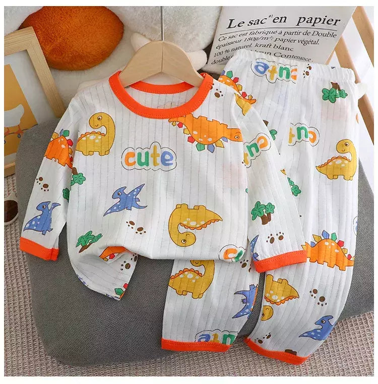 Pijama de algodão puro para meninos e meninas, camiseta fina de manga comprida, tops e calças lindos desenhos animados, conjuntos de roupas infantis, verão, novo, 2022