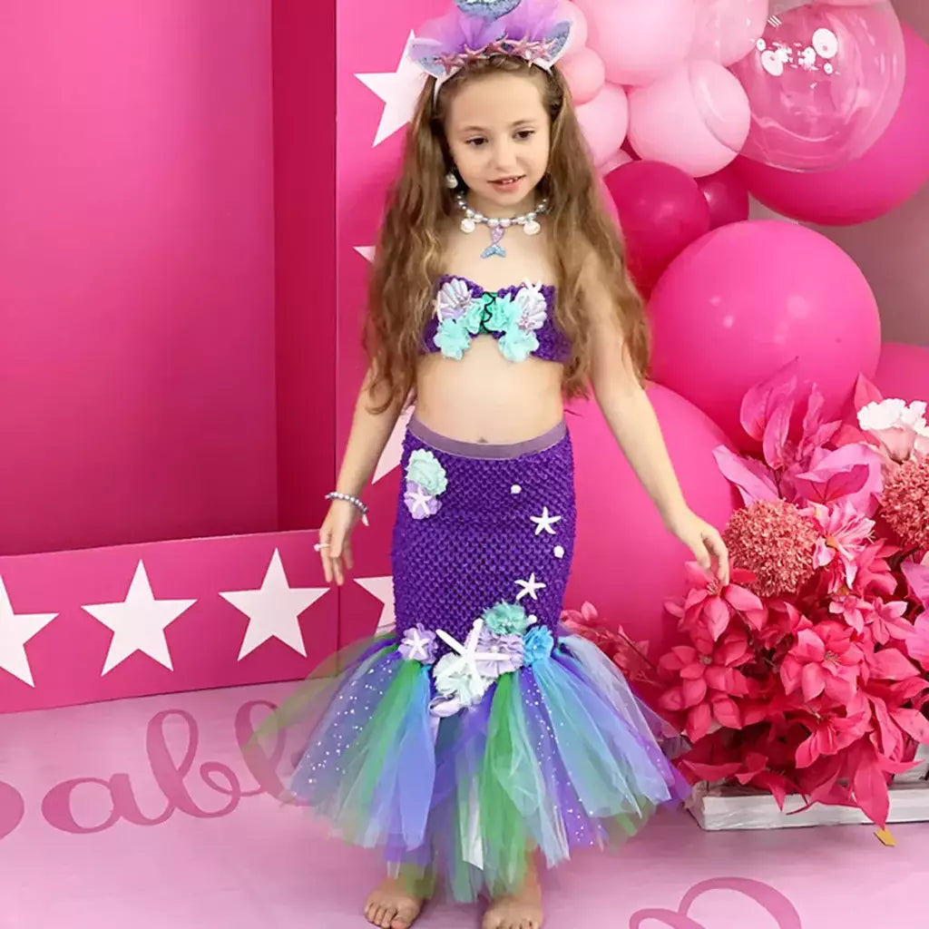 Meninas escala roxa princesa sereia ariel cosplay vestido de halloween vestido de festa de aniversário meninas verão praia vestido de férias