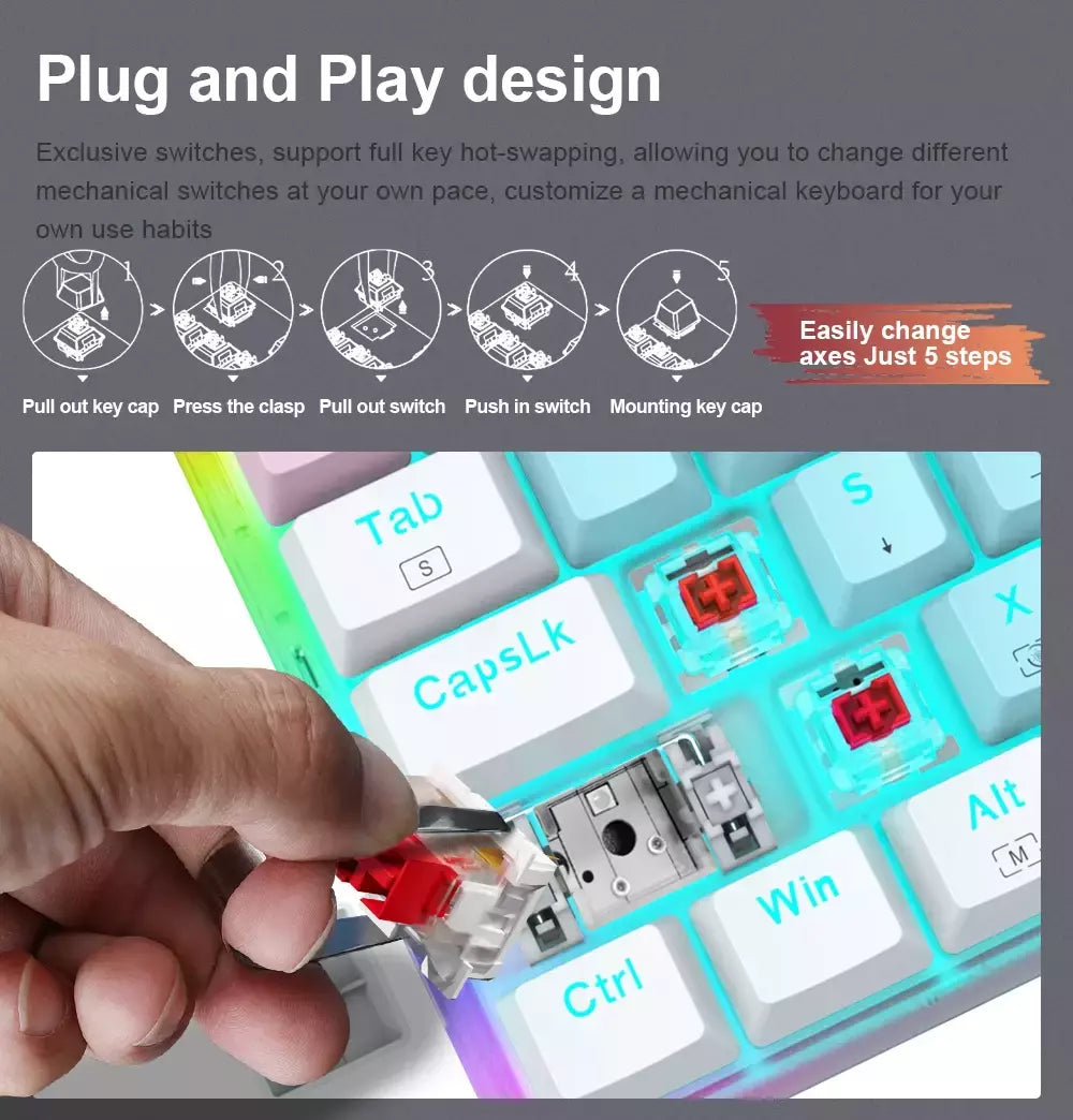 E-YOOSO Z11T USB com fio, teclado de jogos mecânico, azul, vermelho, chave 61 teclas, gamer, russo, brasileiro, português para computador portátil