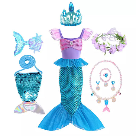 Meninas escala roxa princesa sereia ariel cosplay vestido de halloween vestido de festa de aniversário meninas verão praia vestido de férias