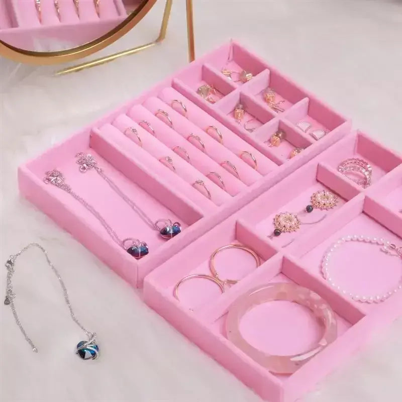 Atualizar caixa de armazenamento de jóias de veludo colar empilhável bandeja de exibição pulseira brinco organizadores diy artesanato gaveta caixa cinza