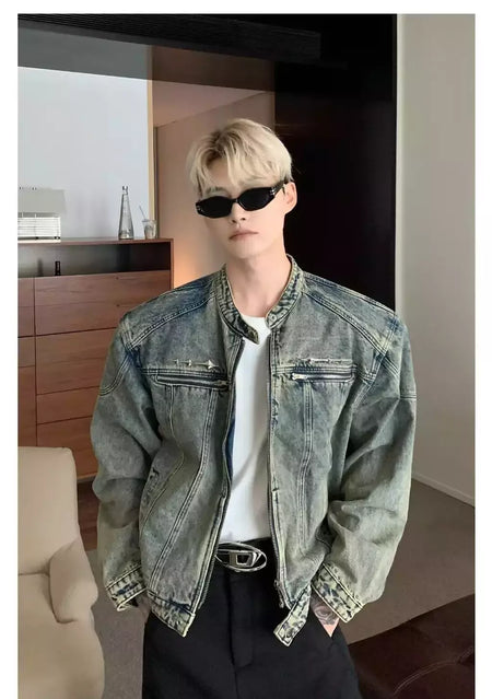 Jaqueta jeans de rua masculina, vintage lavada, jaqueta de caubói angustiada, streetwear casual, primavera, novo, estilo americano, zíperes