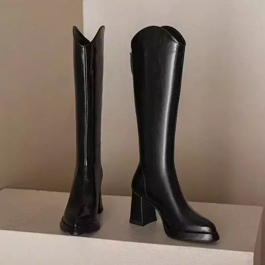 Bota alta de joelho para mulheres, sapatos de salto grosso, marrom quente, longo, moda, novo, inverno, 2022