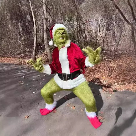 Venda quente da temporada halloween verde grinch cosplay traje papai noel com calças de pele conjunto jogar traje em massa monstro verde gri