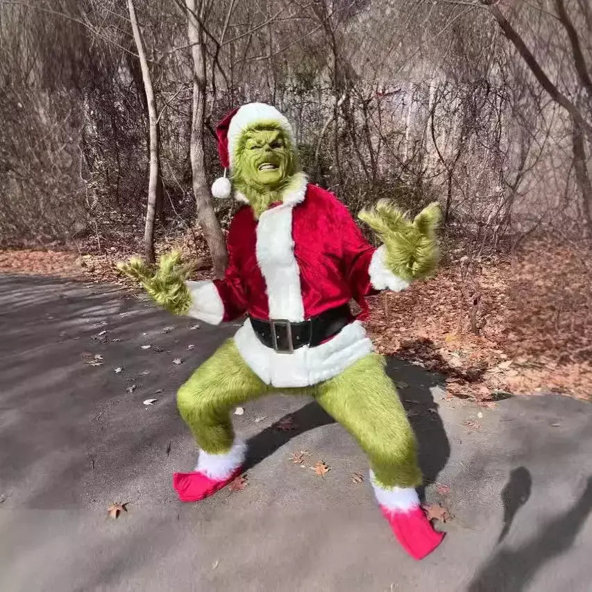 Venda quente da temporada halloween verde grinch cosplay traje papai noel com calças de pele conjunto jogar traje em massa monstro verde gri