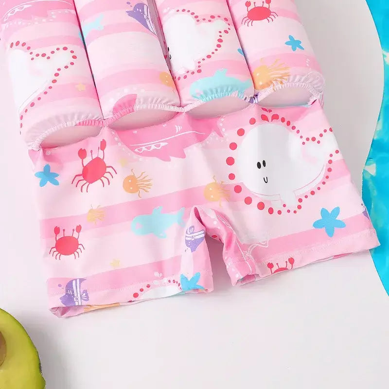 Maiô flutuante para crianças, roupa de banho de uma peça para crianças, flutuante, proteção contra queimaduras, estampa de desenho animado, meninas, meninos, roupas de natação