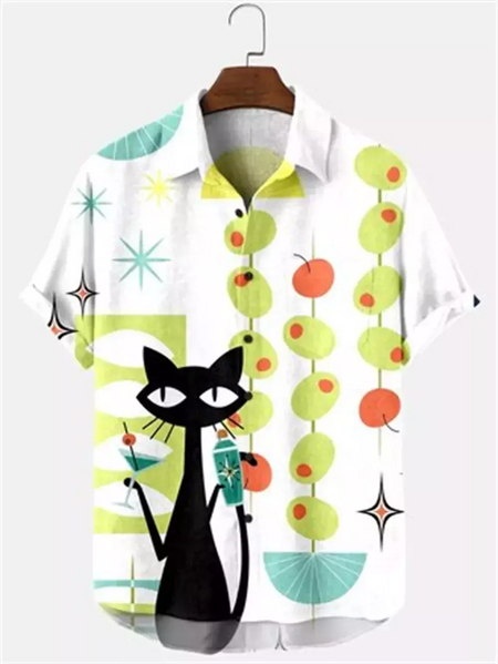 Camisa havaiana dos desenhos animados de anime masculino, Tops de manga curta, roupas casuais masculinas, rua, animais, gatos, retrô, 3D Tees, verão